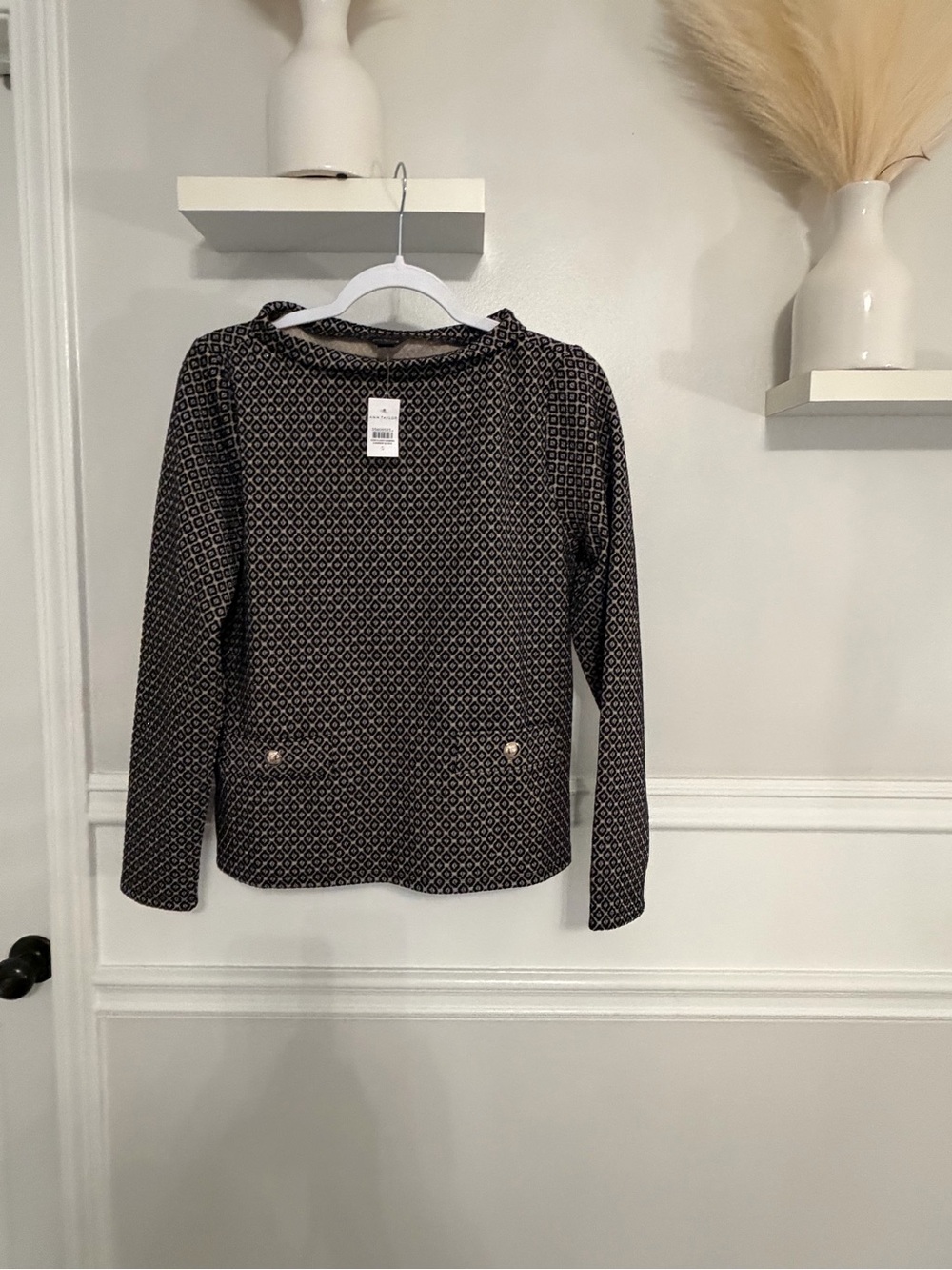 Ann Taylor Black and Cream Geometric Funnel-Neck Pullover Sweater